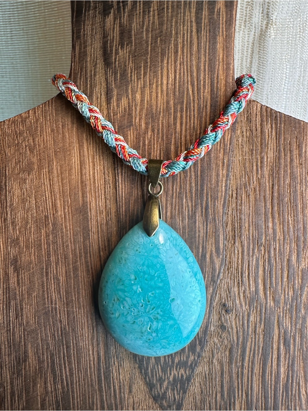 Handcrafted Green Coral Fossil Teardrop Pendant Necklace on Multicolor Rope - Picture 8 of 15